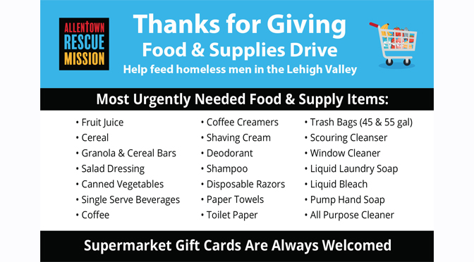 The Allentown Rescue Mission to Celebrate Thanksgiving with Holiday Meal and Food and Supplies Drive