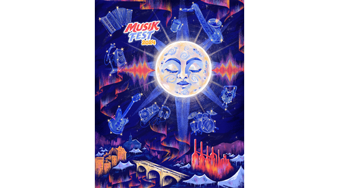 Banana Factory Artist-in-Residence and Teaching Artist, Lauren Beck, Creates an Intricate Night Sky Including Features of ‘Fest for Musikfest 2024 Poster