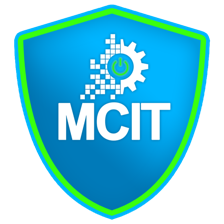 A blue shield with white text and a gear Description automatically generated