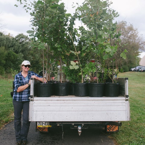 A person standing next to a truck full of potted plants Description automatically generated