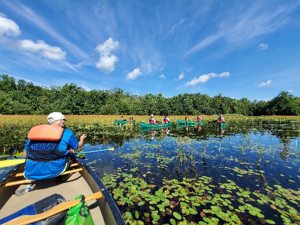 A group of people in canoes on a river
Description automatically generated