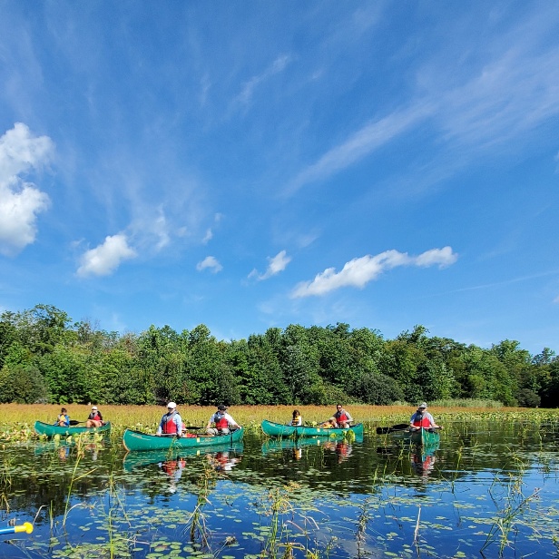 A group of people in canoes on a river AI-generated content may be incorrect.