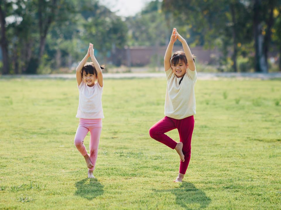 Two children doing yoga on grass AI-generated content may be incorrect.